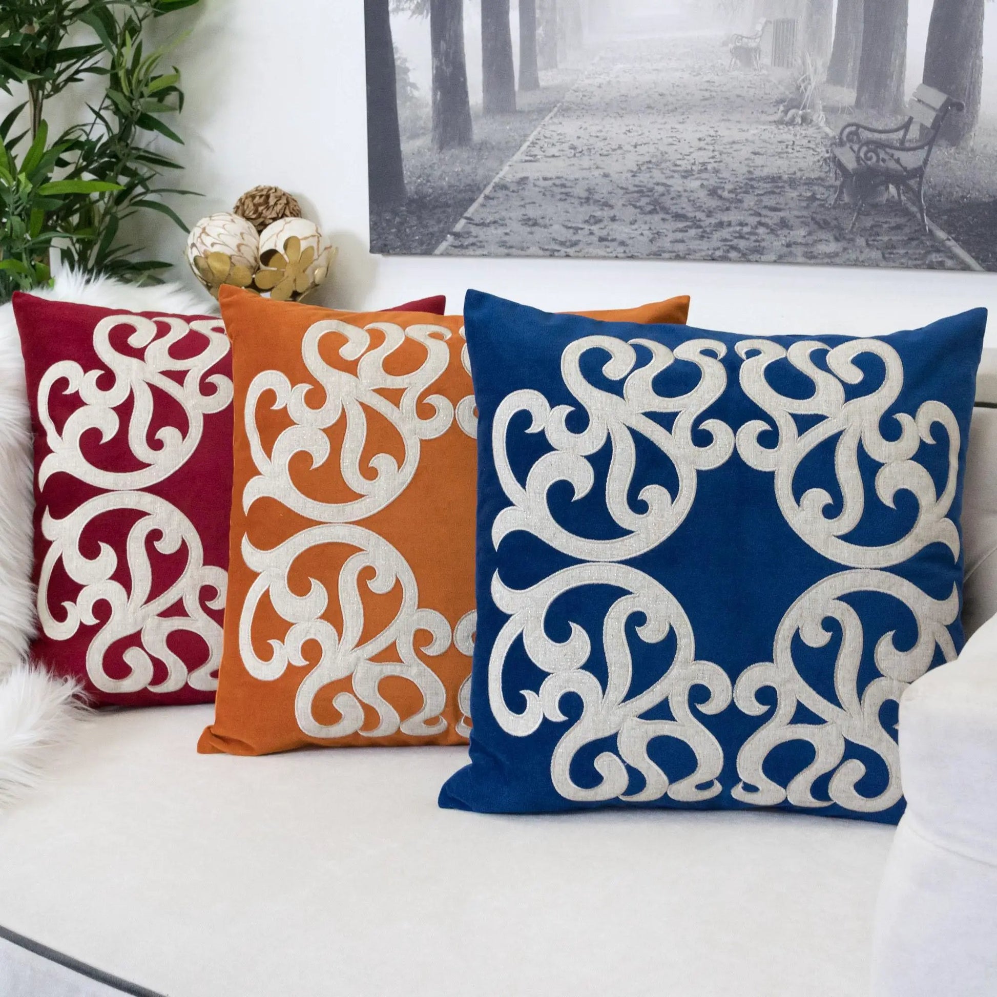 Dora pillow cover with matching back; 3 colorful accent cushions red orange blue on Tampa Home & Garden Store