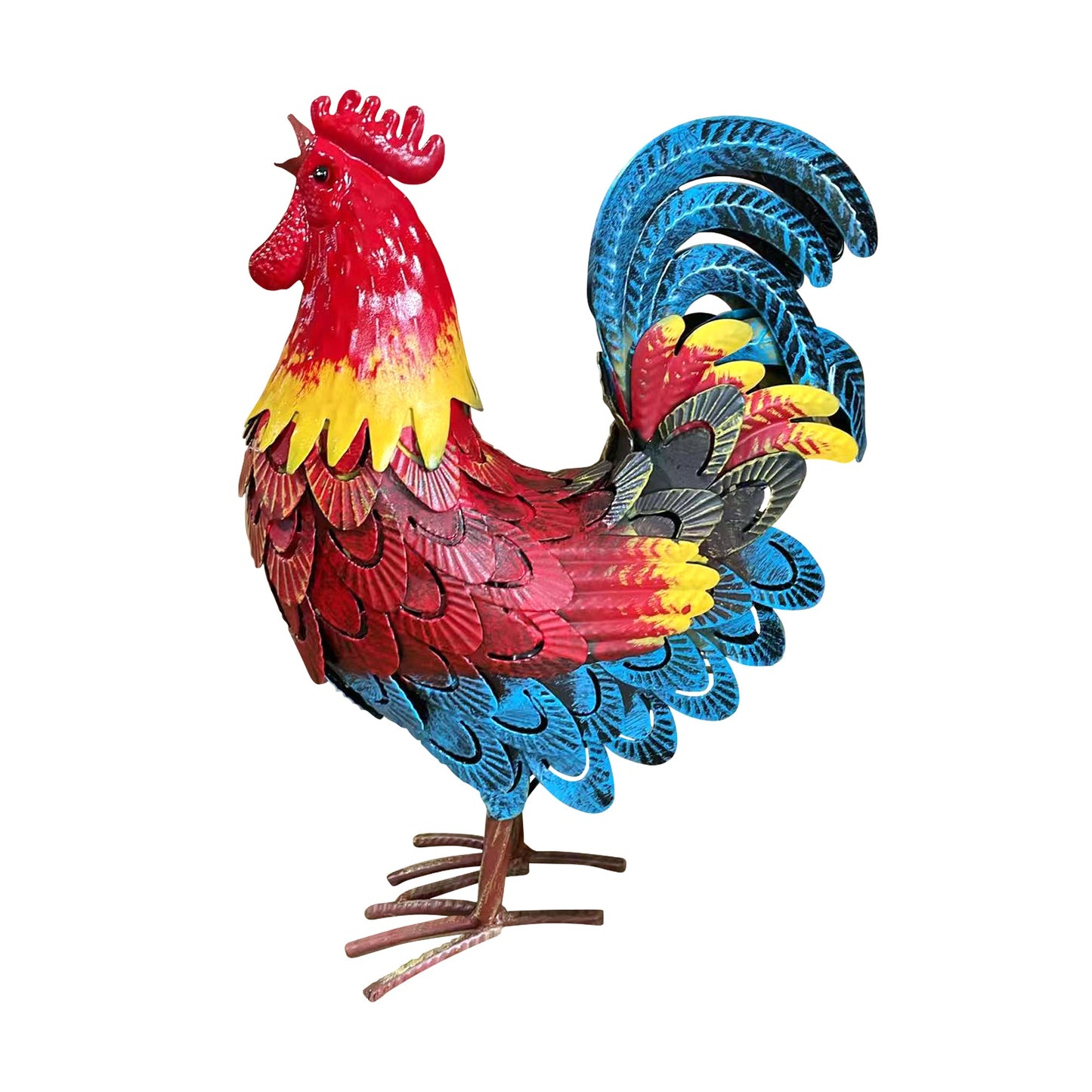 Wrought-iron rooster garden statue with red head, yellow chest, and blue tail feathers on Tampa Home & Garden Store