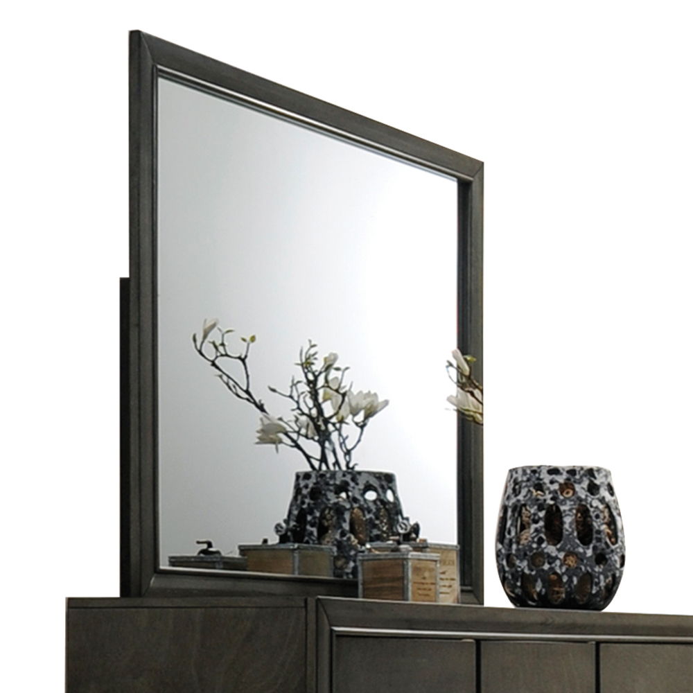 Carine Gray Mirror with Wooden Frame, rectangular bedroom mirror in gray wood on a dark dresser on Tampa Home & Garden Store
