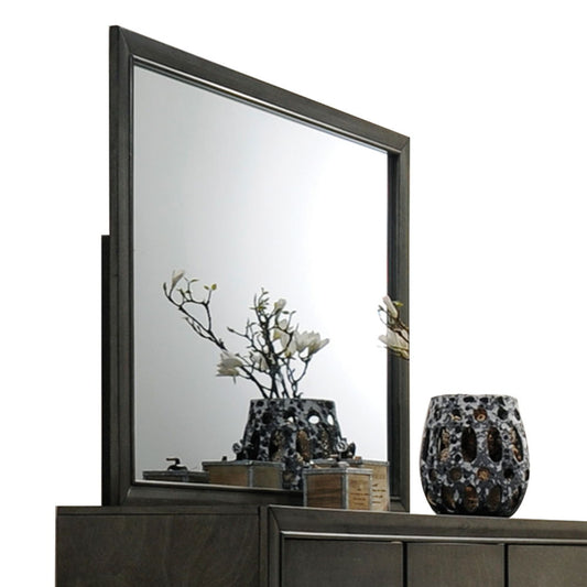 Carine Gray Mirror with Wooden Frame, rectangular bedroom mirror in gray wood on a dark dresser on Tampa Home & Garden Store