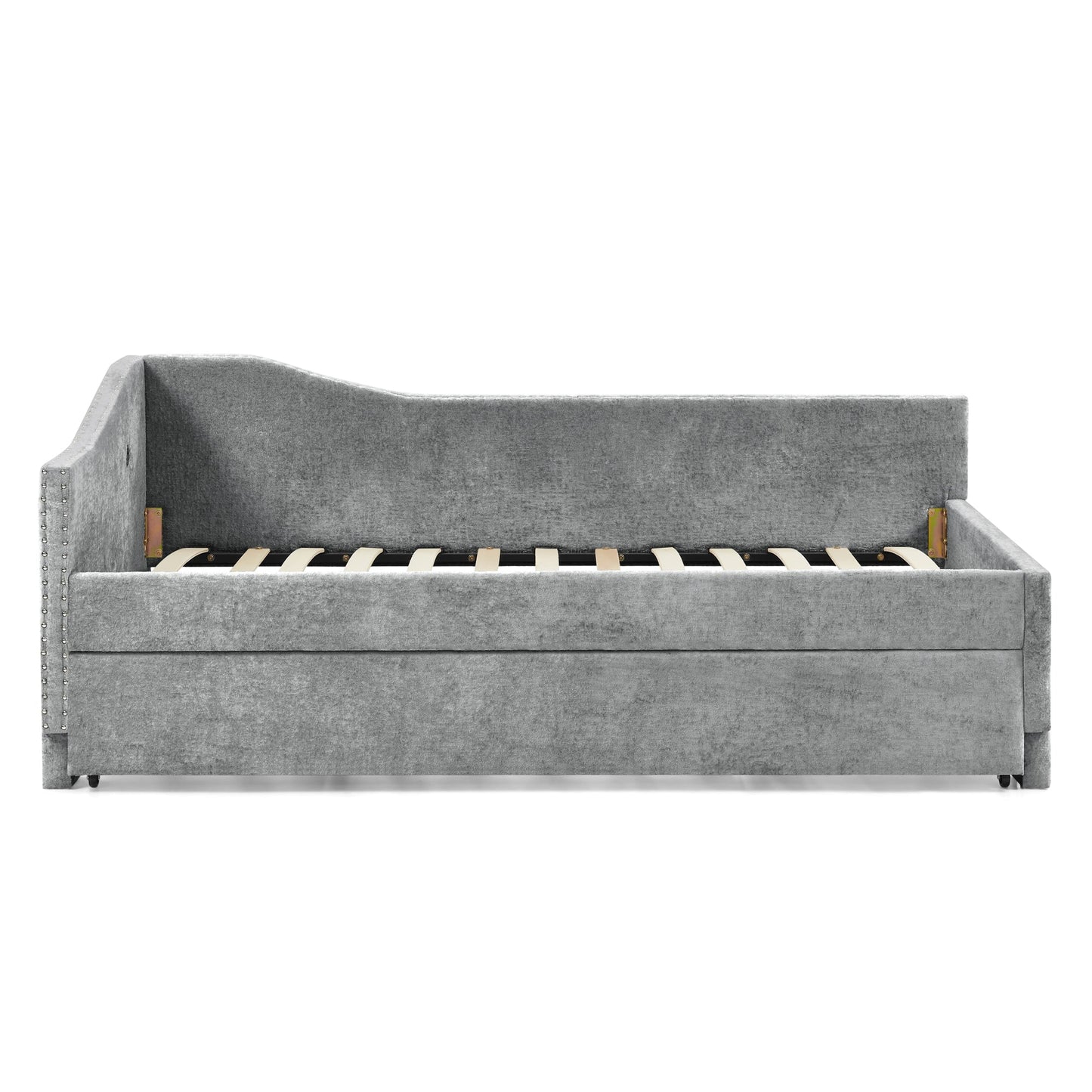 Full Size Curved Round Edge Padded Backrest Daybed gray velvet by HouseOfZazla with studs on Tampa Home & Garden Store