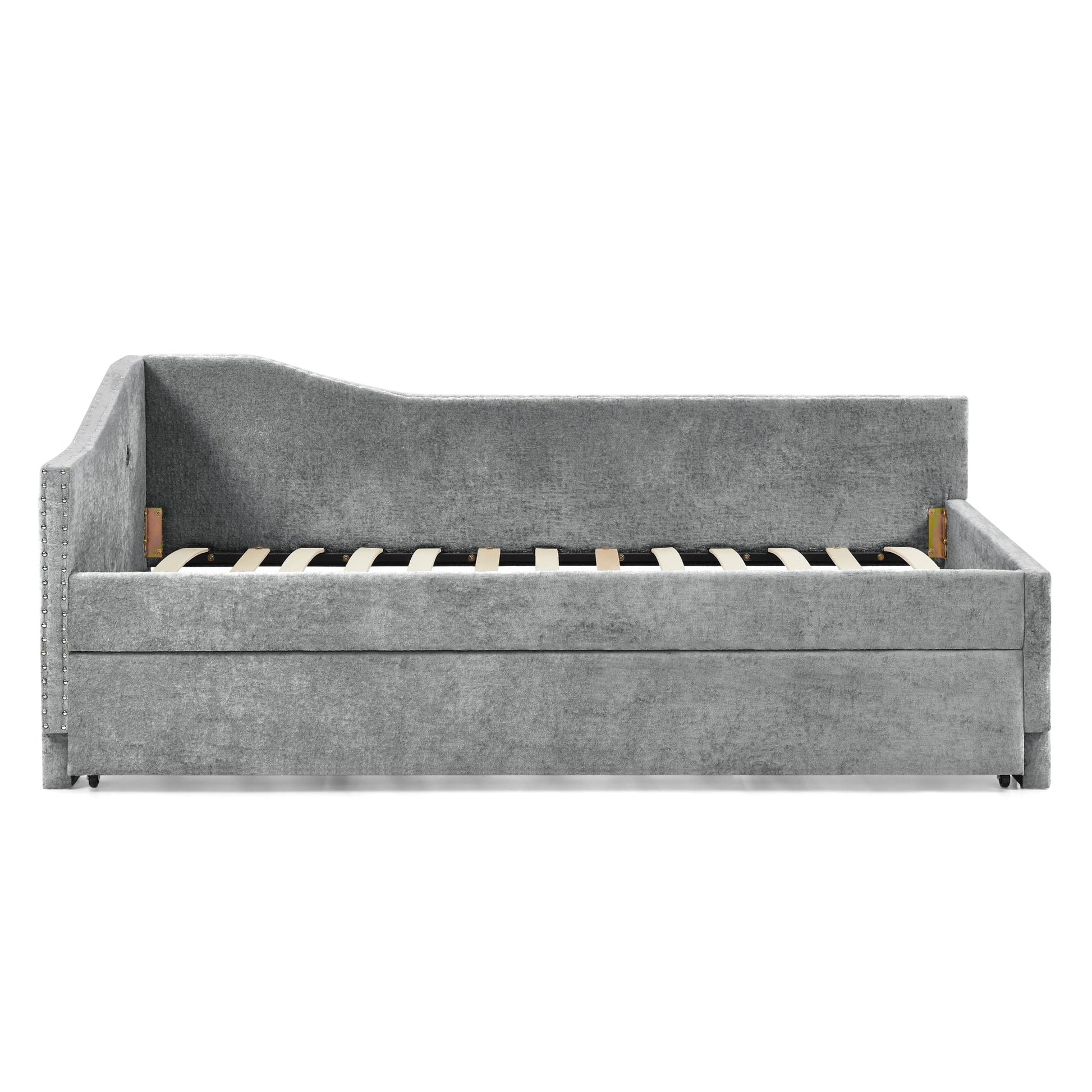 Full Size Curved Round Edge Padded Backrest Daybed gray velvet by HouseOfZazla with studs on Tampa Home & Garden Store