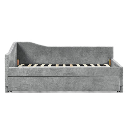Full Size Curved Round Edge Padded Backrest Daybed gray velvet by HouseOfZazla with studs on Tampa Home & Garden Store