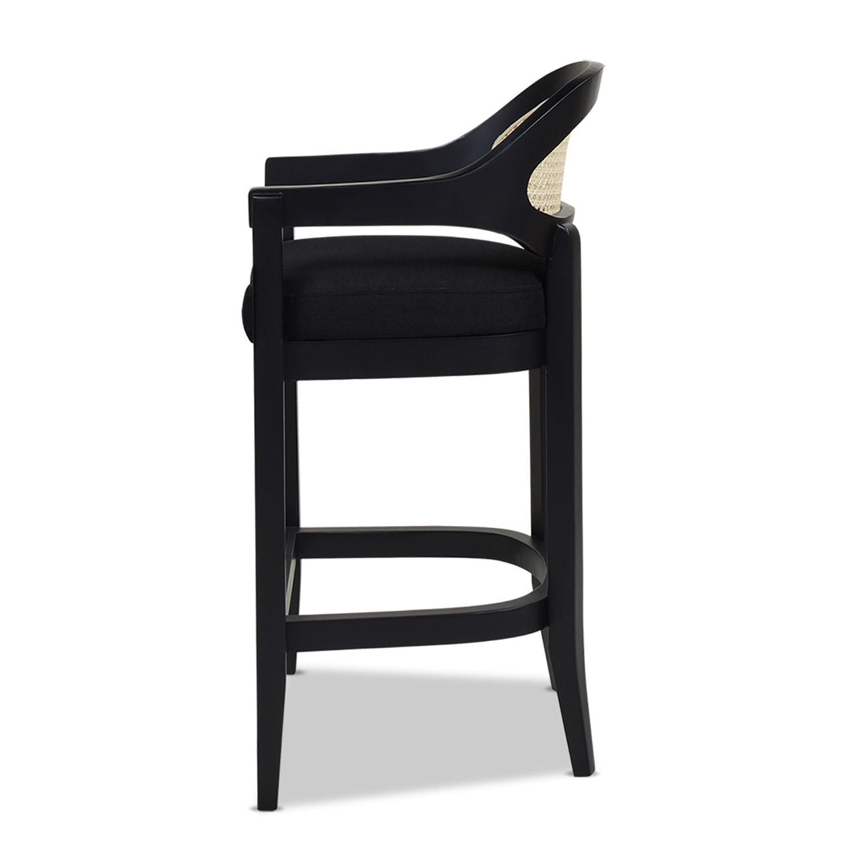 Mid-Century Modern Cane Back Counter Stool with black frame and cushioned seat, HouseOfZazla on Tampa Home & Garden Store