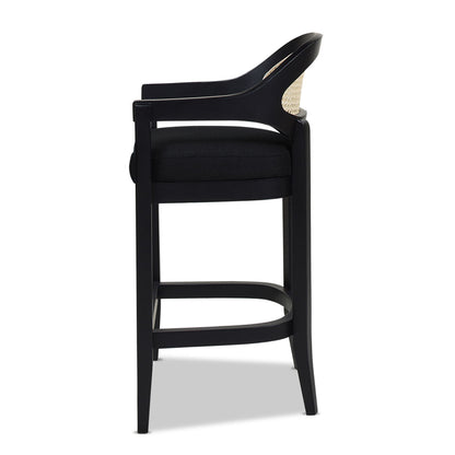 Mid-Century Modern Cane Back Counter Stool with black frame and cushioned seat, HouseOfZazla on Tampa Home & Garden Store
