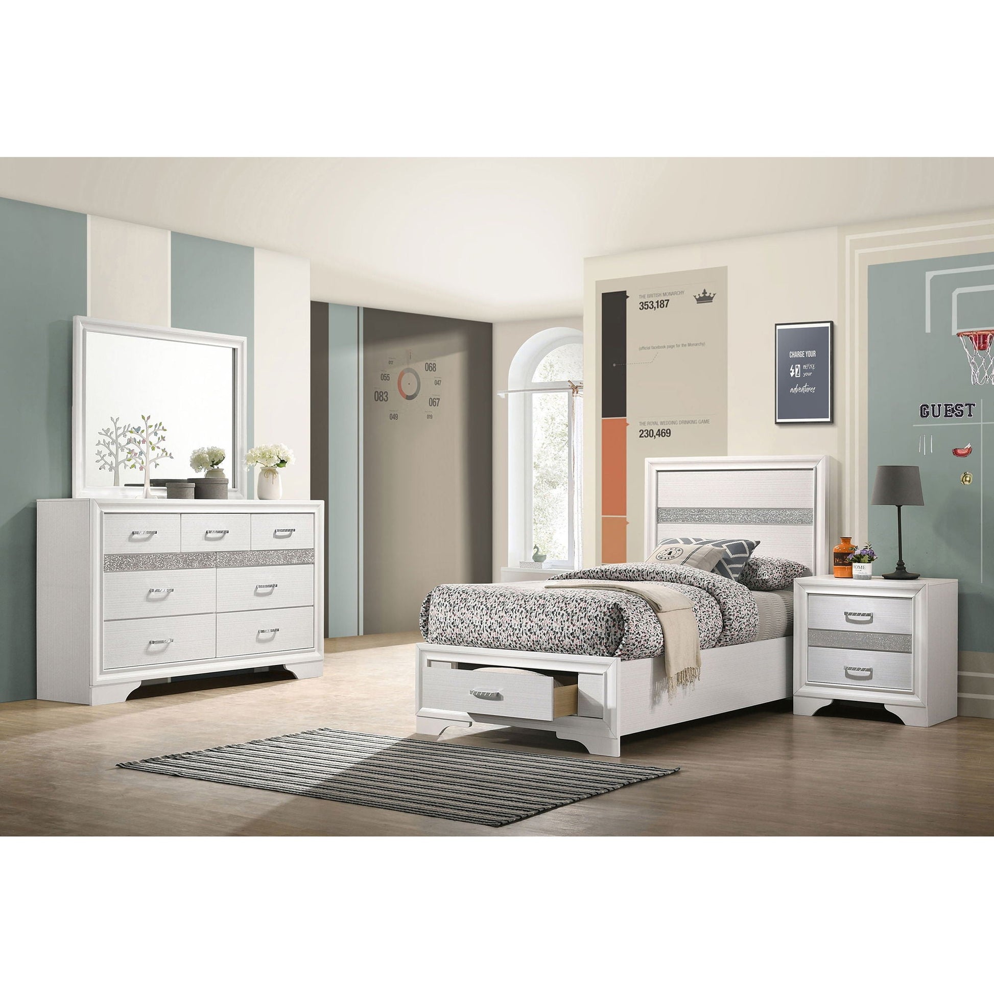 Annie 4 Piece Bedroom Set by HouseOfZazla with silver pulls, bed, dresser, 3 nightstands on Tampa Home & Garden Store