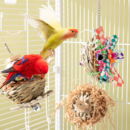 Parrot Bird Toy Supplies Gnawing Molar woven fiber toy with color paper accents two parrots on Tampa Home & Garden Store