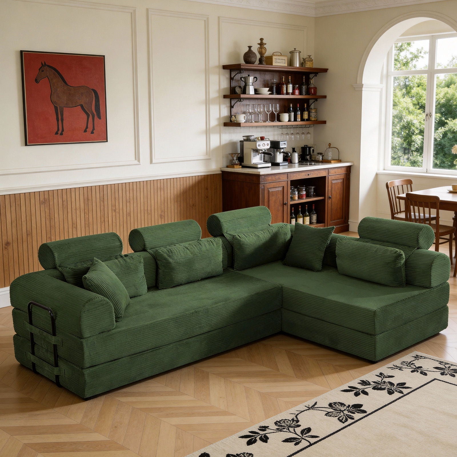 HouseOfZazla Modern L-Shape Modular Sectional Sofa in green compressed design with armrests on Tampa Home & Garden Store