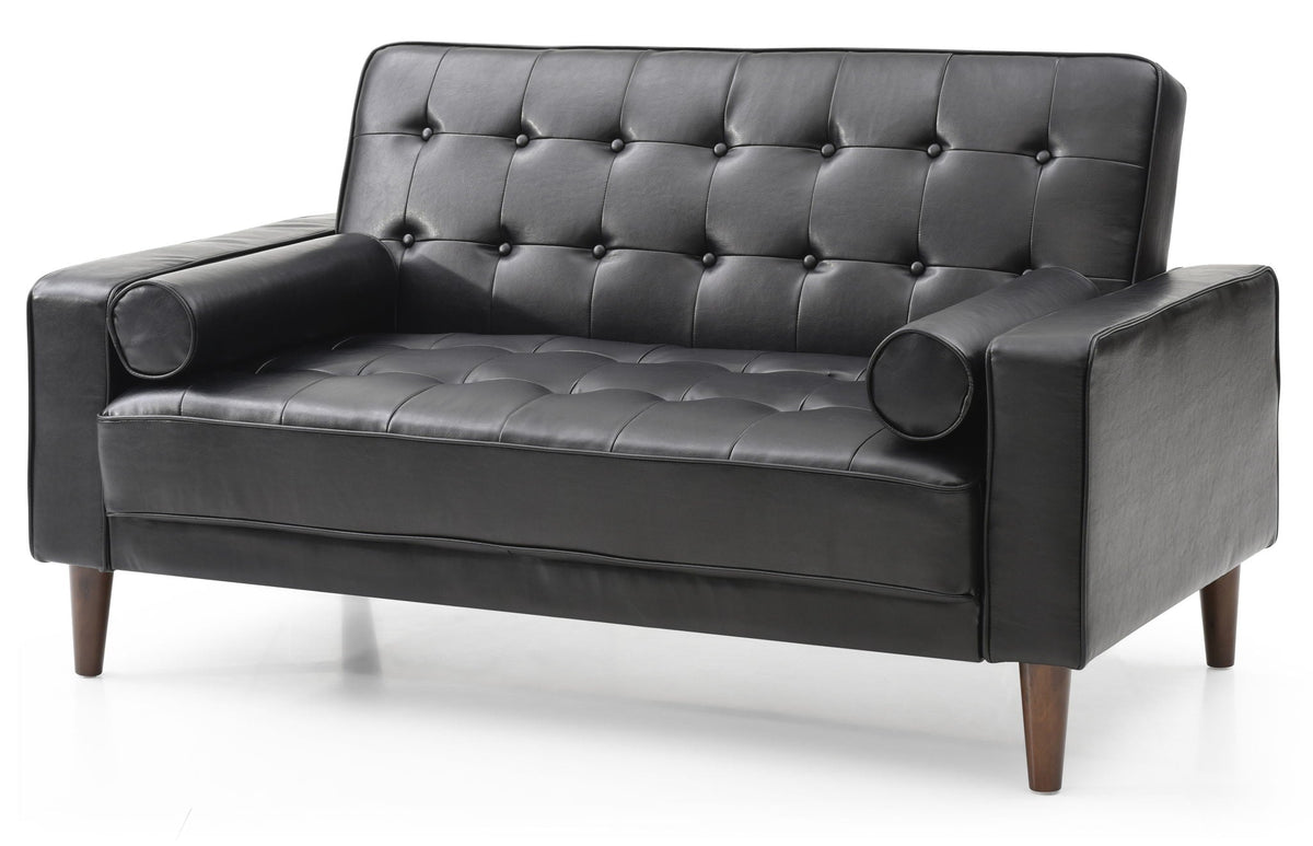 Contemporary futon loveseat for two in black leather with tufted back and rolled arms on Tampa Home & Garden Store