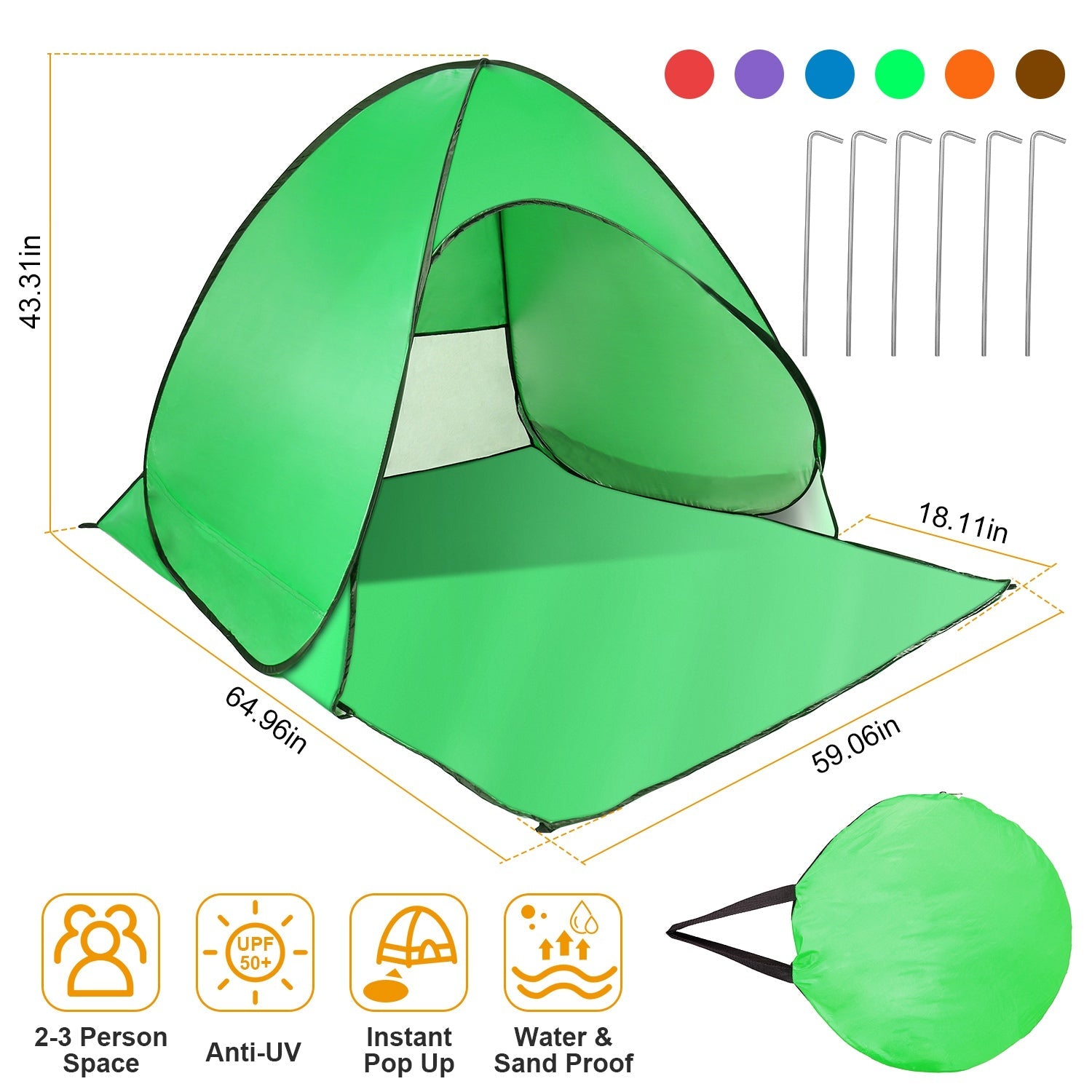 GemGear pop-up beach tent, green, 2–3 person, anti-UV UPF50+, instant pop-up with storage bag on Tampa Home & Garden Store