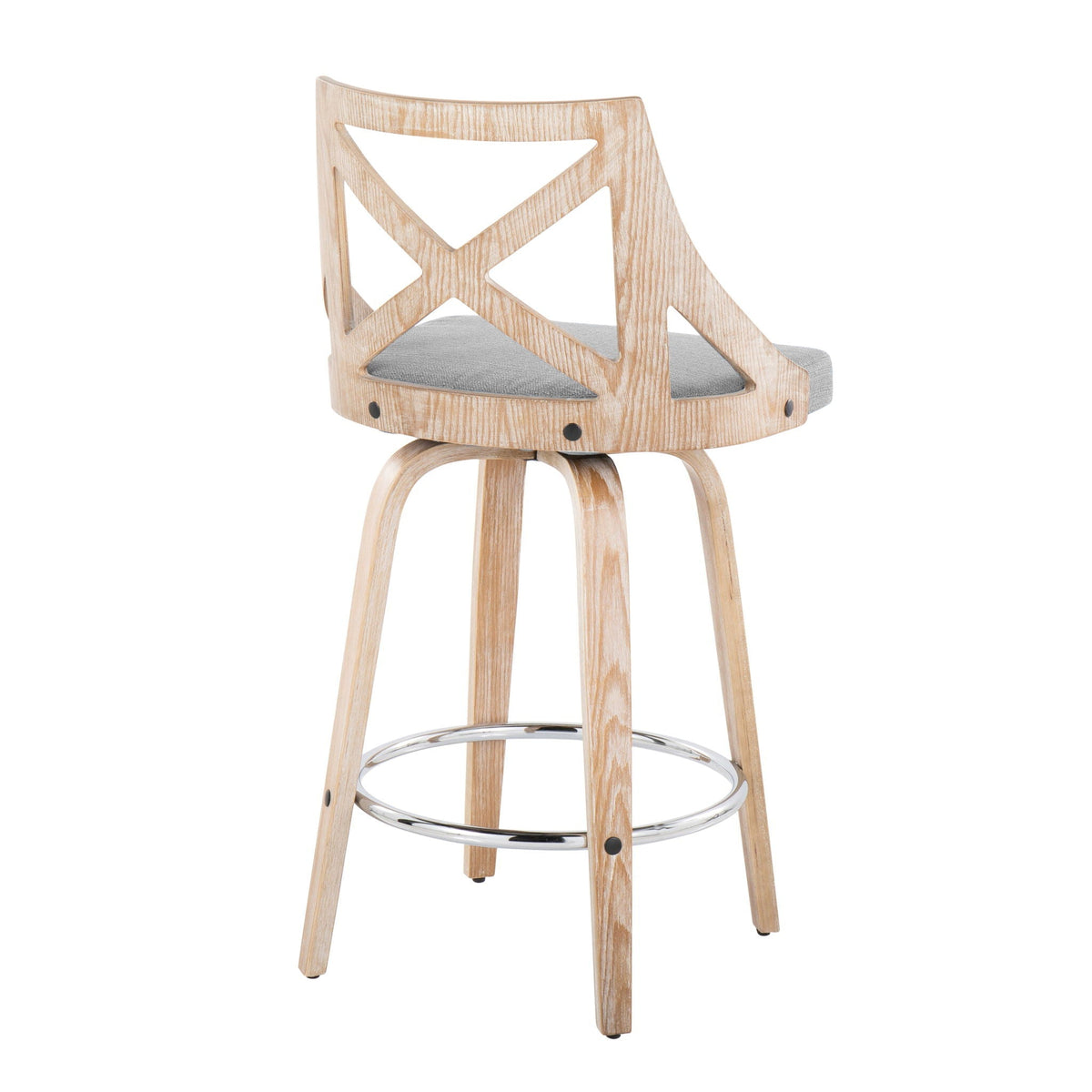 Farmhouse counter stool with swivel seat, natural wood frame, gray upholstery, footrest, set of 2 on Tampa Home & Garden Store