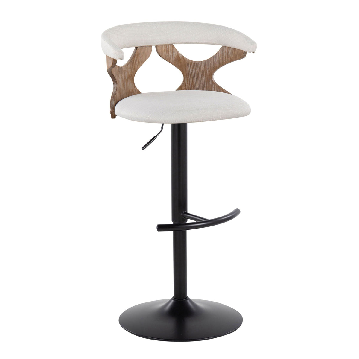 Contemporary adjustable barstool set of 2 with swivel, white seat and wood back, black base on Tampa Home & Garden Store