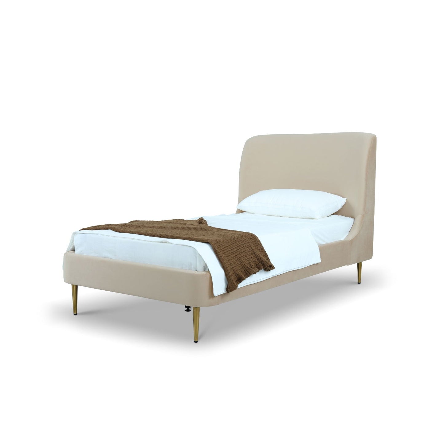 Mid-Century Modern upholstered bed with curved beige headboard and gold tapered legs on Tampa Home & Garden Store