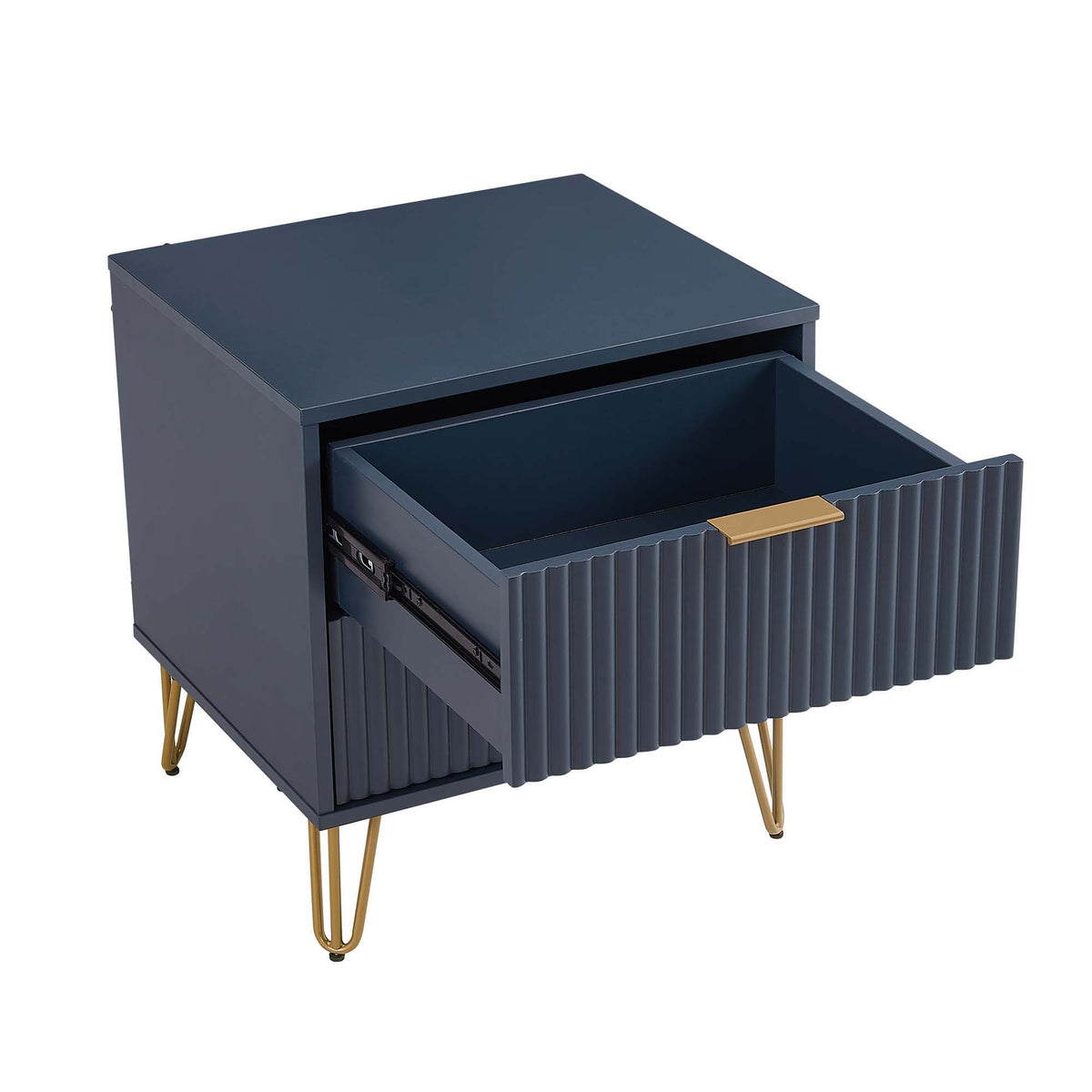 Dumbo Nightstand 2-drawer navy blue with fluted front, gold hairpin legs HouseOfZazla on Tampa Home & Garden Store