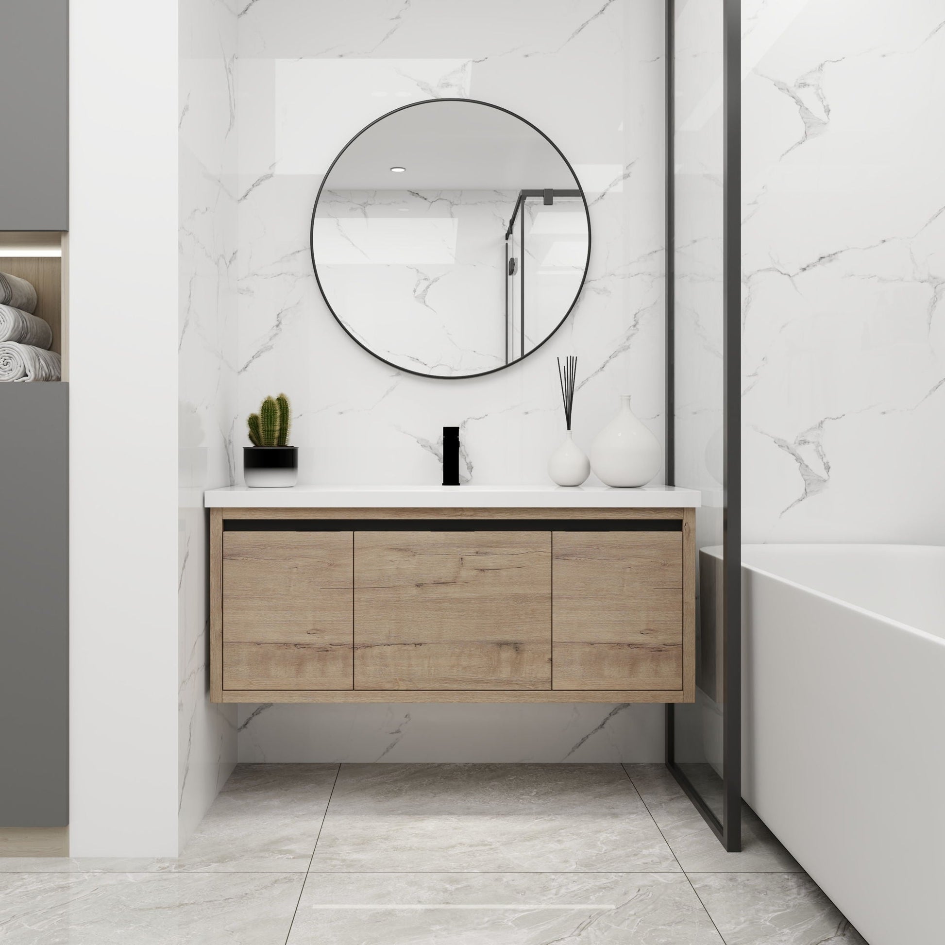 Floating bathroom vanity with resin sink and soft-close doors, natural wood drawers on Tampa Home & Garden Store