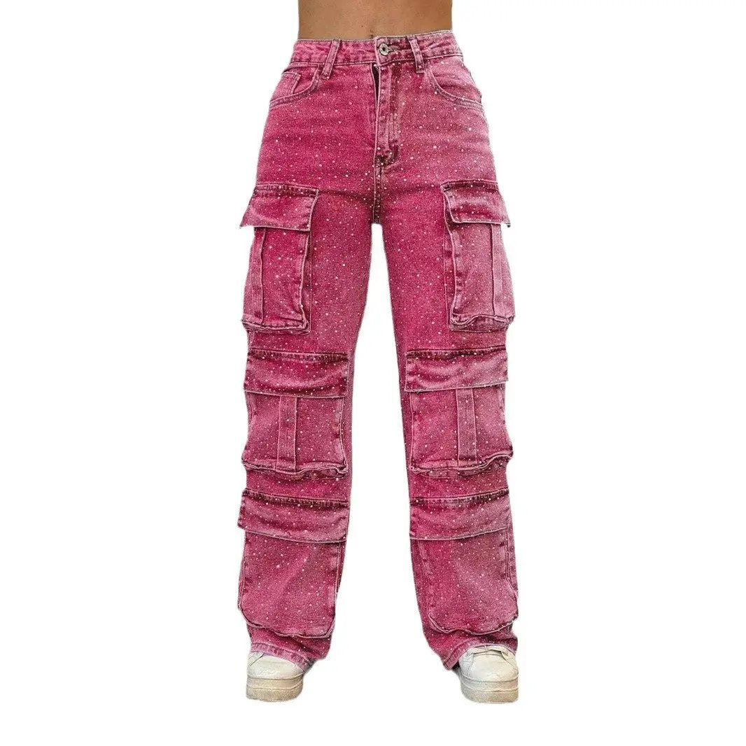 Women's pink cargo jeans with diamond speckle pattern and multiple pockets FLIPSTYLEZLLC on Tampa Home & Garden Store