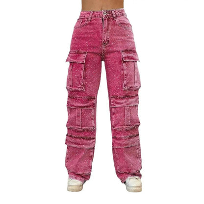 Women's pink cargo jeans with diamond speckle pattern and multiple pockets FLIPSTYLEZLLC on Tampa Home & Garden Store