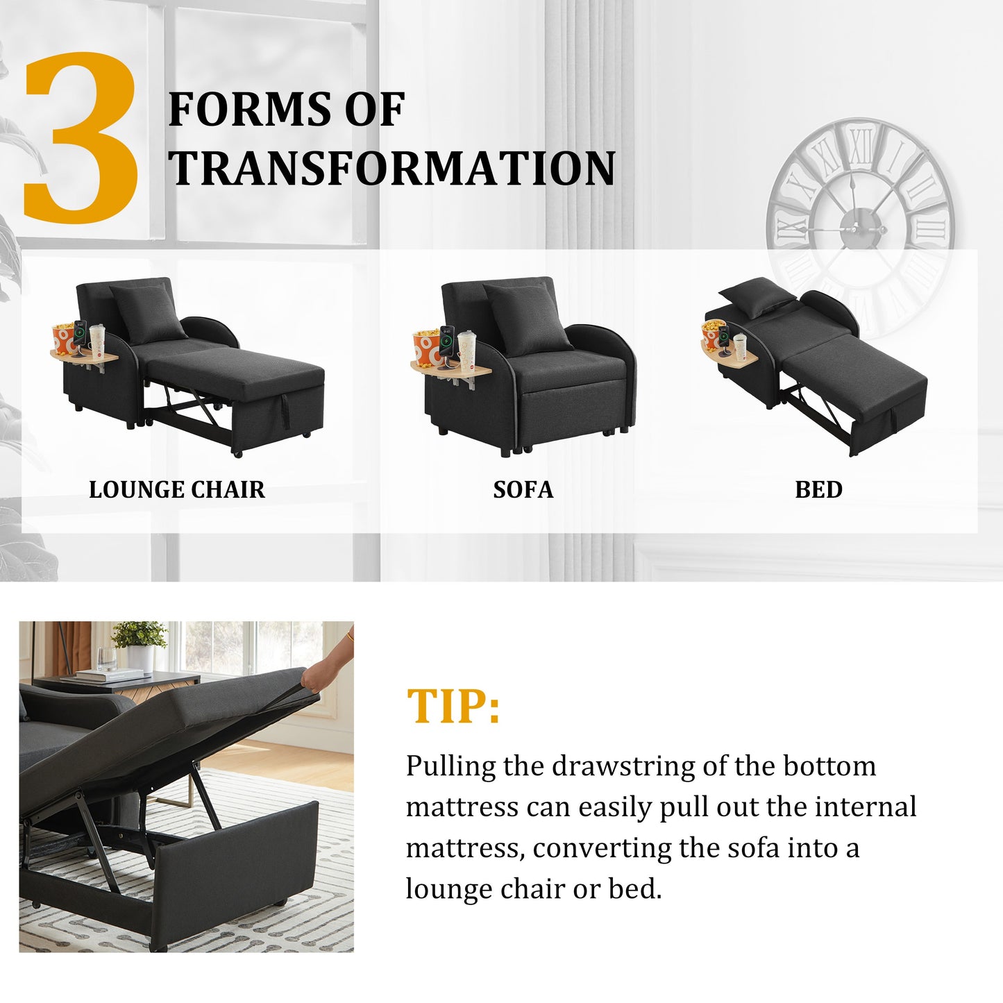 High Density Linen 3 In 1 Convertible Bed Sofa