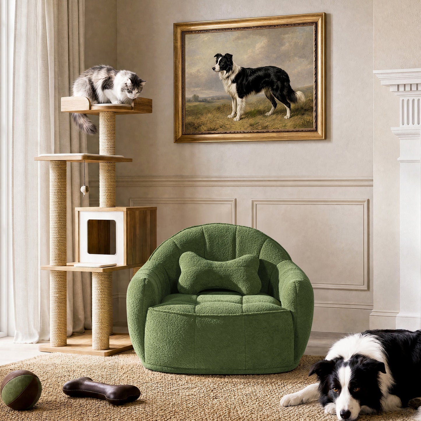 Louie 30.5-inch Dog Sofa Bed Moss green plush by HouseOfZazla, two black-and-white dogs nearby on Tampa Home & Garden Store