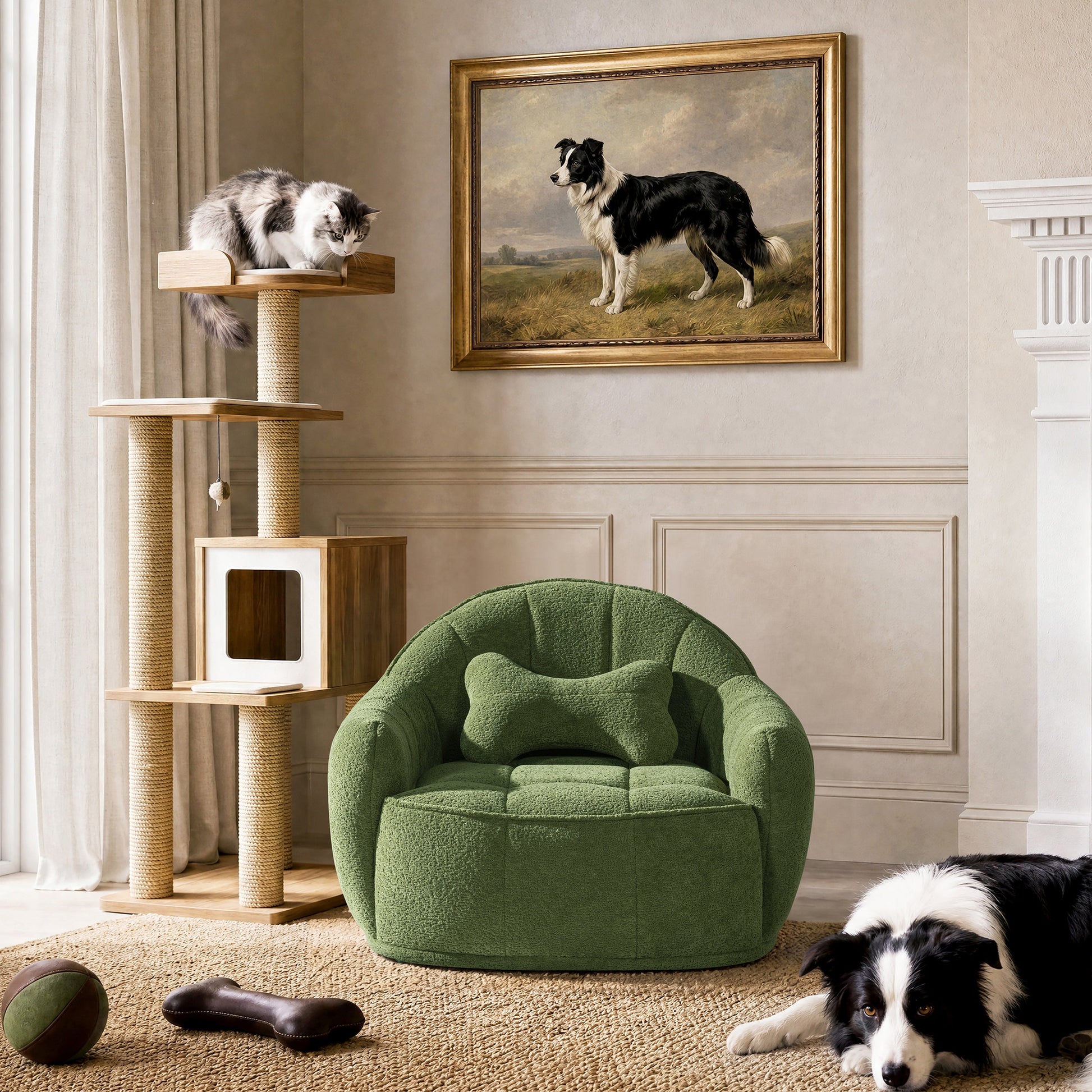 Louie 30.5-inch Dog Sofa Bed Moss green plush by HouseOfZazla, two black-and-white dogs nearby on Tampa Home & Garden Store