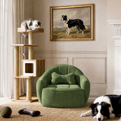 Louie 30.5-inch Dog Sofa Bed Moss green plush by HouseOfZazla, two black-and-white dogs nearby on Tampa Home & Garden Store