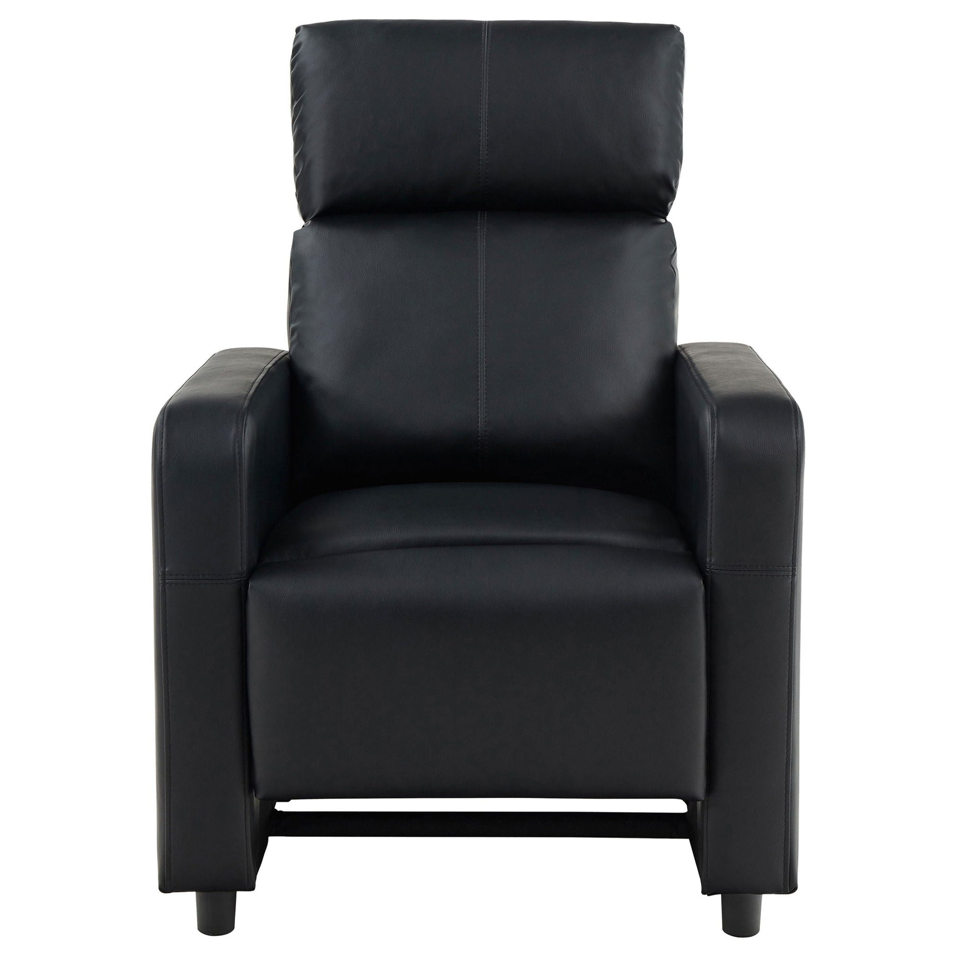 Push Back Recliner black leather chair with stitched back panels and exposed legs on Tampa Home & Garden Store