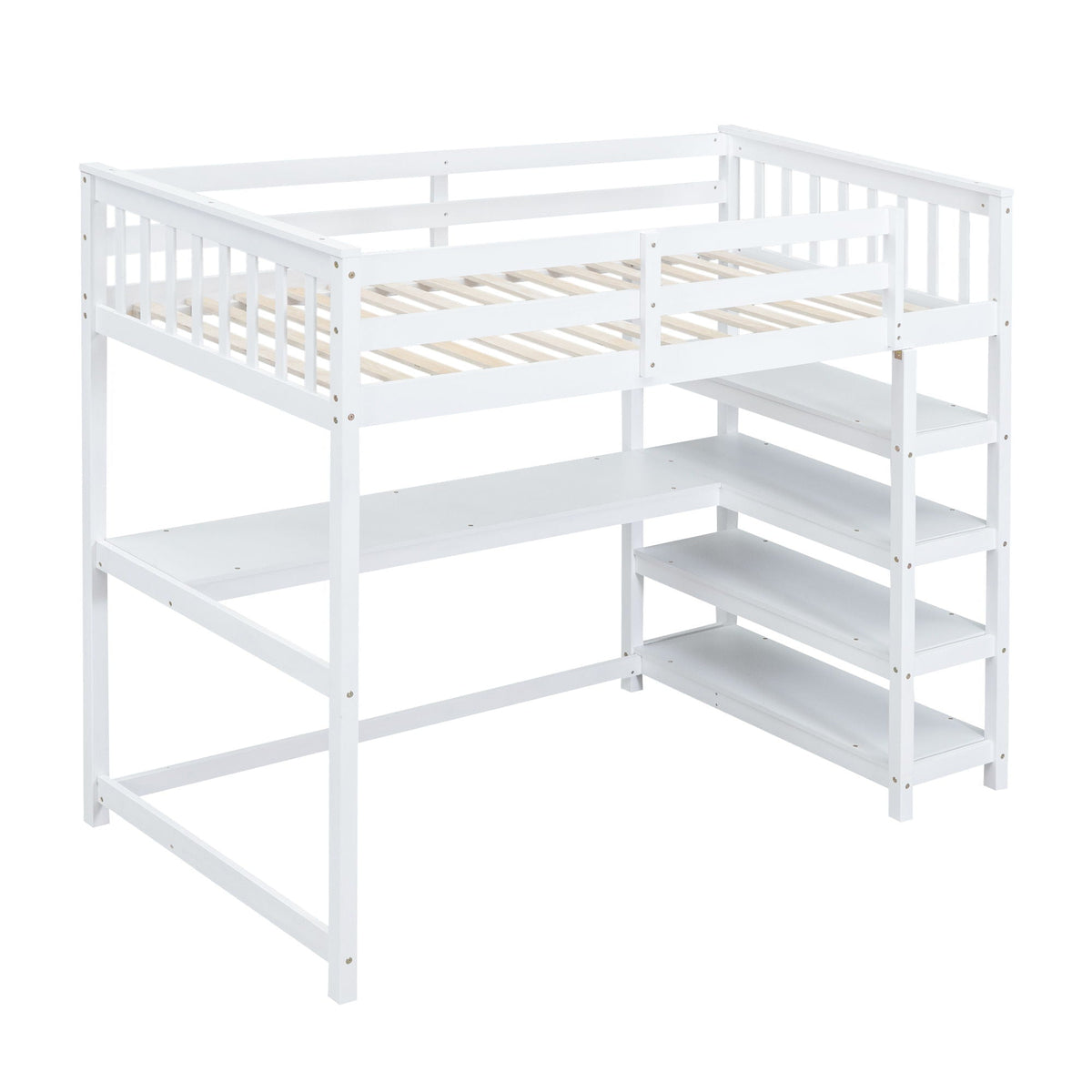 Loft bed with storage shelves in white, under-bed desk area and slatted frame on Tampa Home & Garden Store