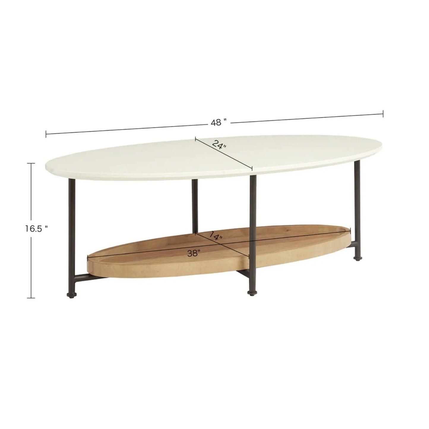 Oval coffee table white top with natural wood lower shelf and black metal legs by Unique Piece Furniture on Tampa Home & Garden Store