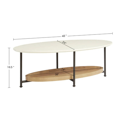 Oval coffee table white top with natural wood lower shelf and black metal legs by Unique Piece Furniture on Tampa Home & Garden Store