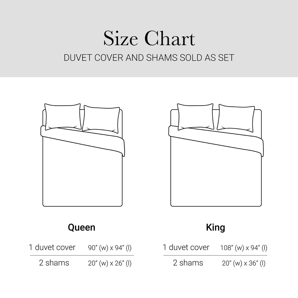 Cotton sateen duvet cover set size chart showing Queen and King with 2 shams on Tampa Home & Garden Store
