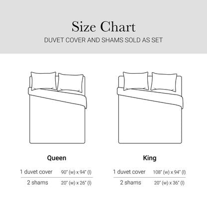 Cotton sateen duvet cover set size chart showing Queen and King with 2 shams on Tampa Home & Garden Store
