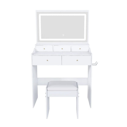 White makeup vanity set with framed mirror and multiple drawers with cushioned stool on Tampa Home & Garden Store