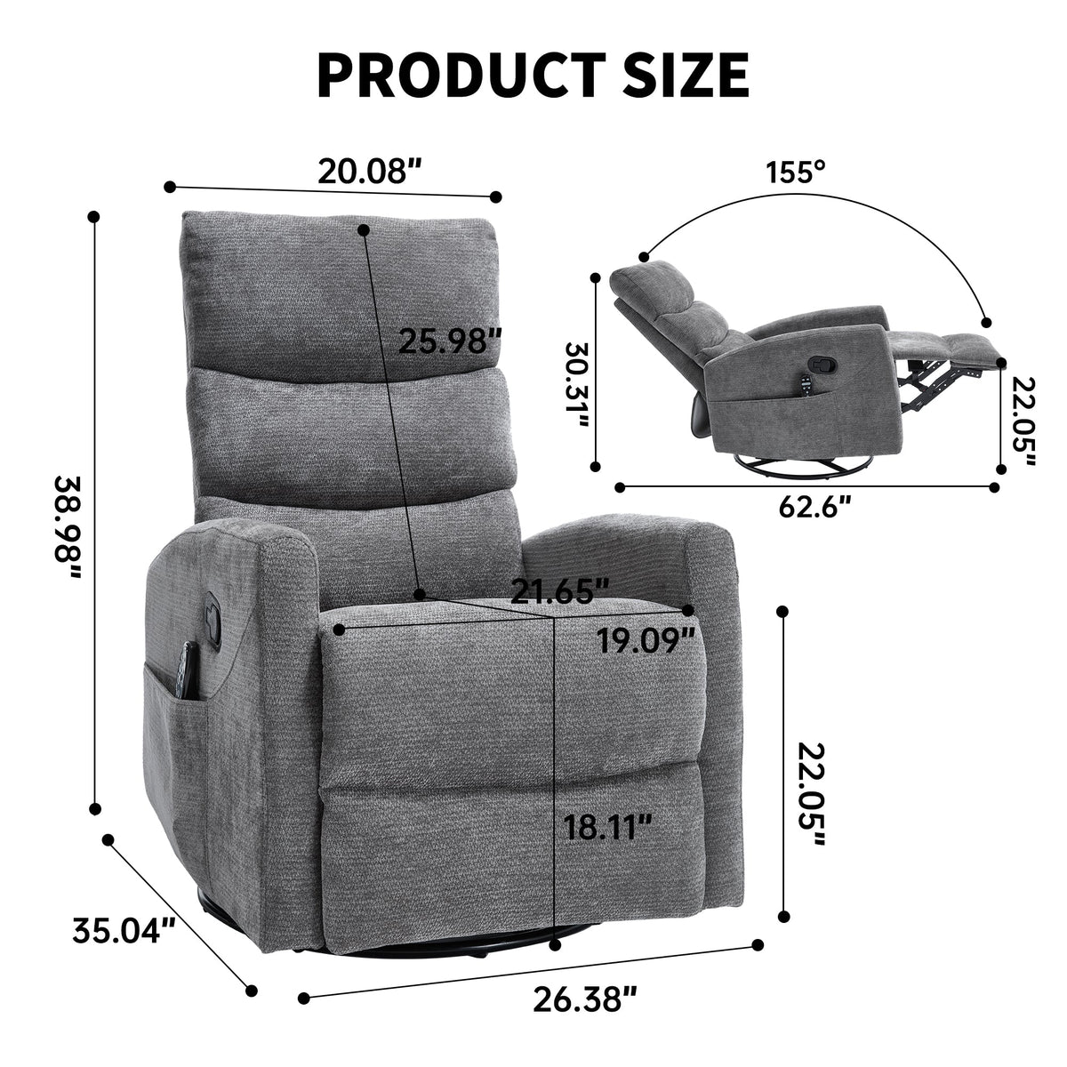 Heat Massage Manual Recliner Chair in gray fabric with rocker and swivel by HouseOfZazla on Tampa Home & Garden Store