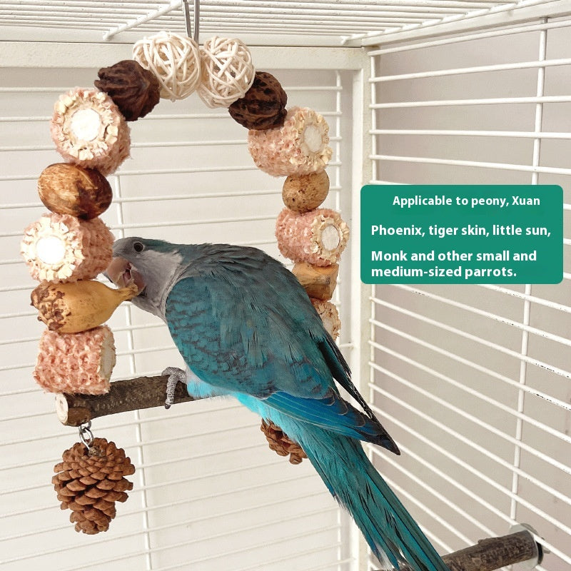 Wooden parrot swing with natural log perch and bead-ring frame in cage by Sell My Stuff on Tampa Home & Garden Store