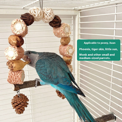 Wooden parrot swing with natural log perch and bead-ring frame in cage by Sell My Stuff on Tampa Home & Garden Store