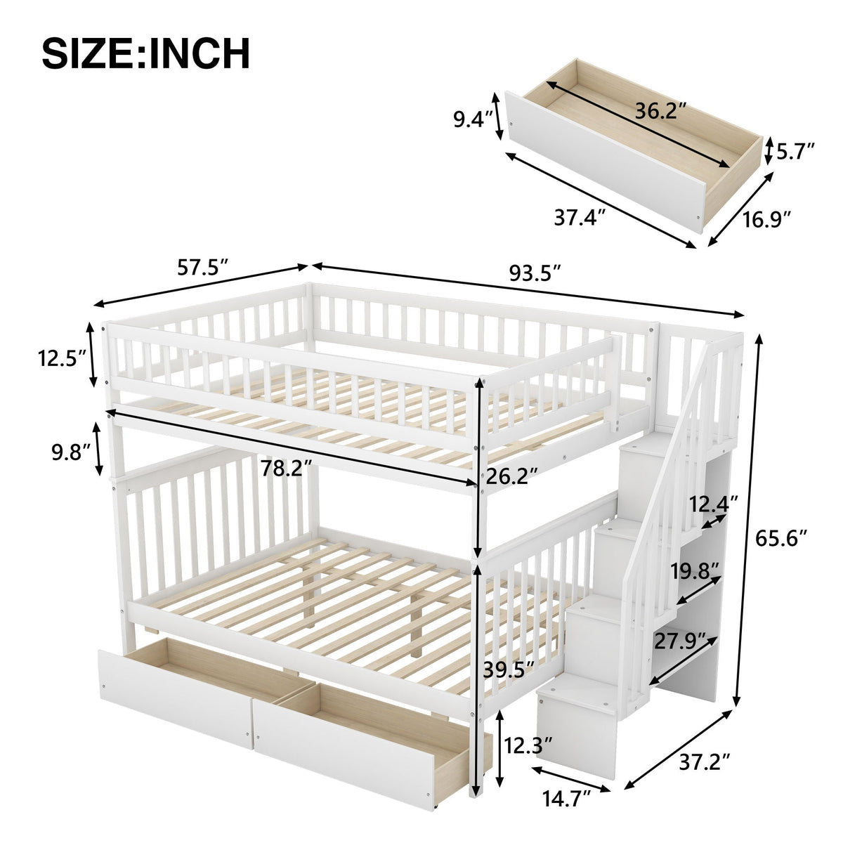 HouseOfZazla Bunk Bed With Staircase, white finish with built-in stairs and under-bed drawers on Tampa Home & Garden Store