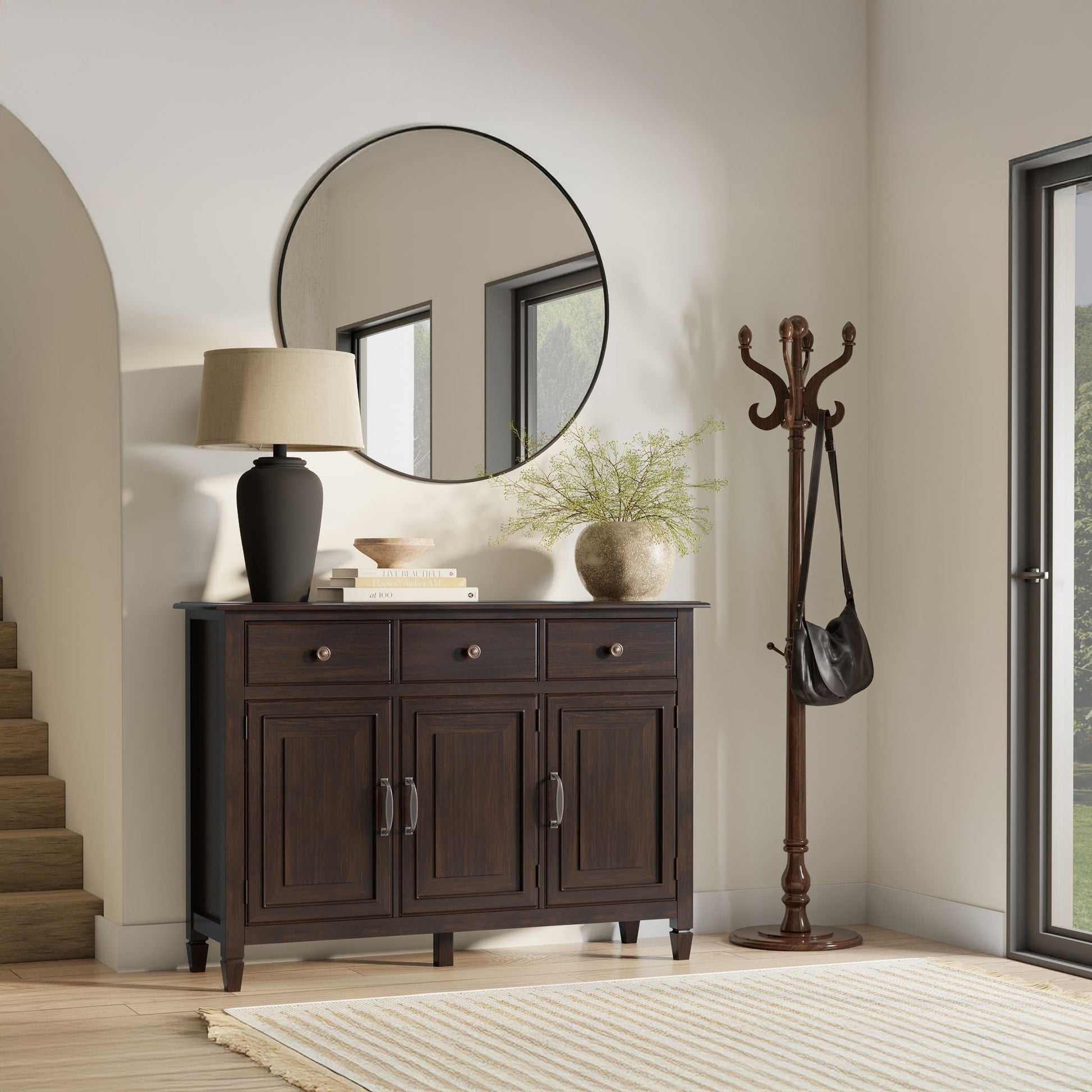 Connaught Wide Entryway Storage Cabinet dark espresso wood with silver hardware cabinet on Tampa Home & Garden Store