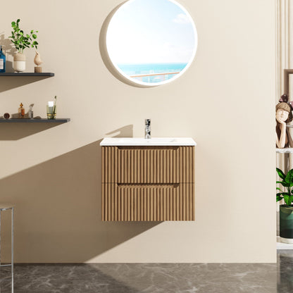 24in Walnut wall-mount bathroom vanity with slatted front and soft-close drawers HouseOfZazla on Tampa Home & Garden Store