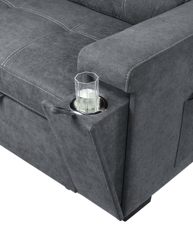 Toby woven fabric reversible sleeper sectional sofa gray upholstery with armrest cup holder on Tampa Home & Garden Store