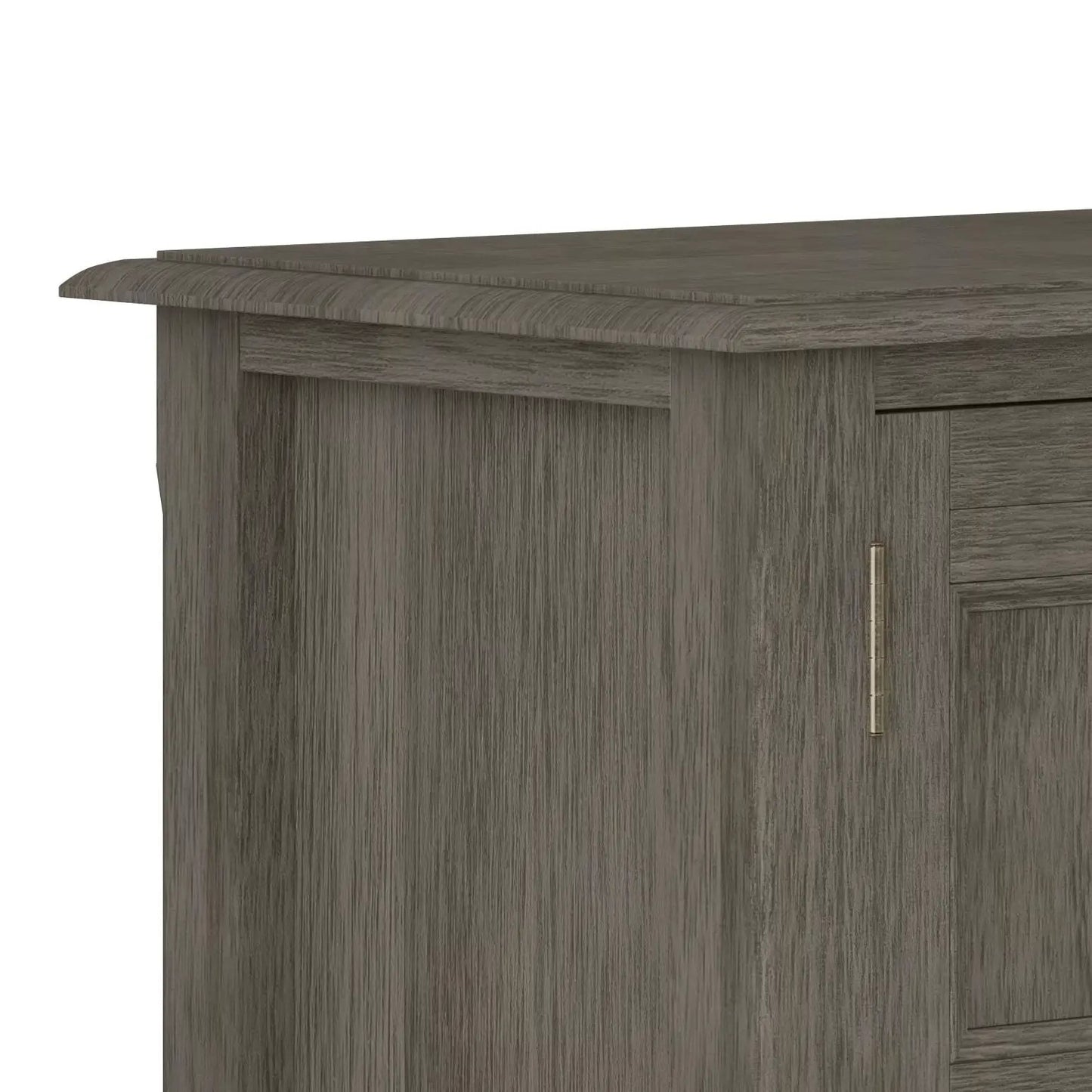 Burlington handcrafted low storage cabinet, gray wood-grain finish with brass hardware on Tampa Home & Garden Store