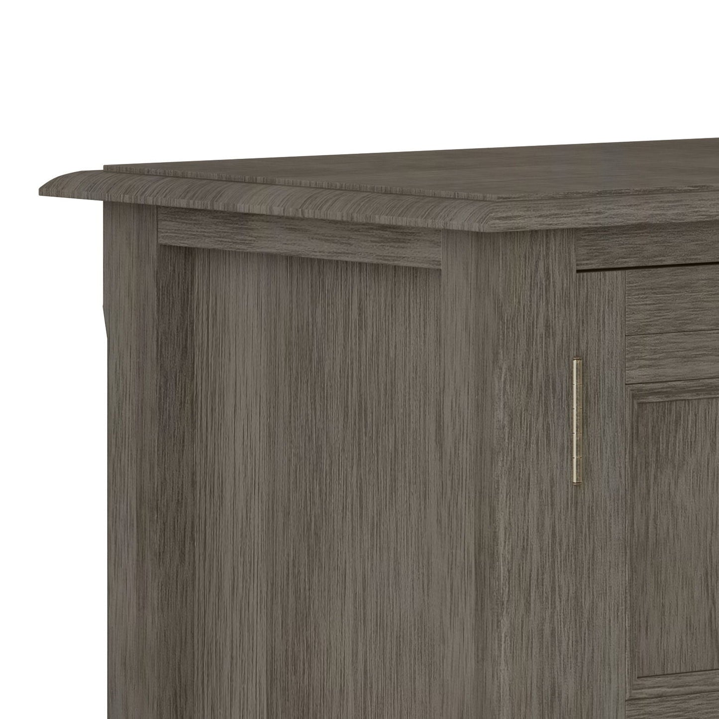 Burlington handcrafted low storage cabinet in grey wood finish with brass vertical handle on Tampa Home & Garden Store