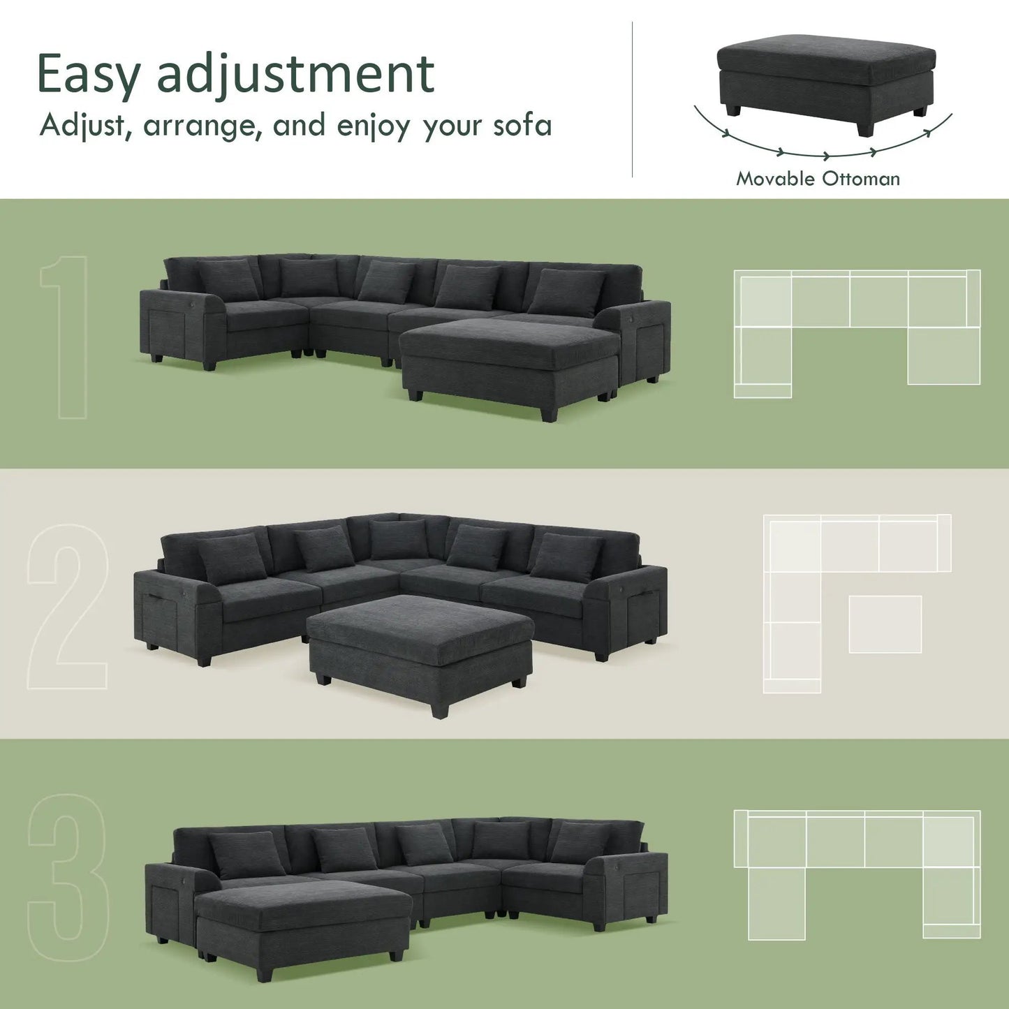 U Shaped Sectional Sofa 6‑Seat by Unique Piece Furniture with ottoman in dark gray fabric on Tampa Home & Garden Store