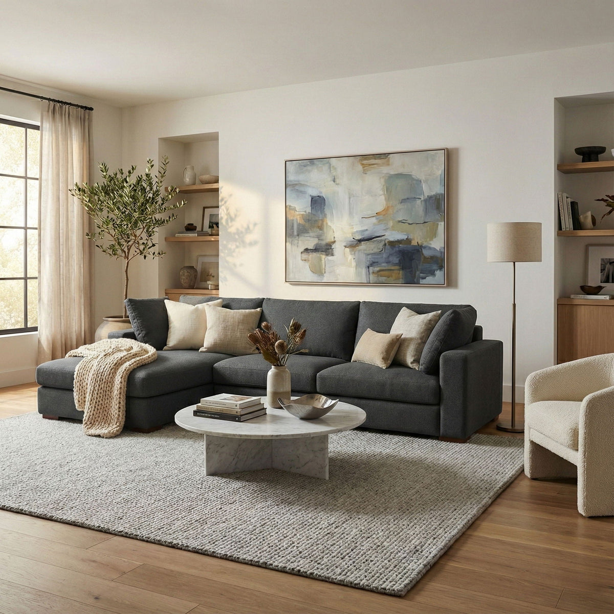 Charlie Upholstered Deep Seater Sectional Sofa, dark gray fabric, L-shaped with chaise in room on Tampa Home & Garden Store