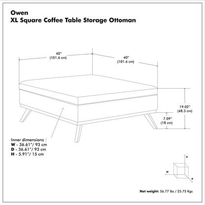 Owen XL square coffee table storage ottoman by Unique Piece Furniture blueprint with dimensions on Tampa Home & Garden Store