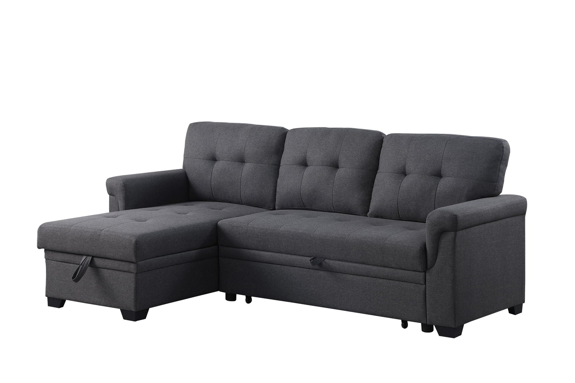 Lucca reversible sleeper sectional sofa with storage chaise in gray fabric, tufted cushions on Tampa Home & Garden Store