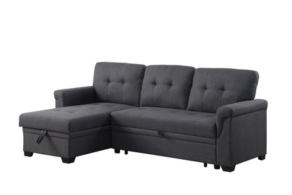 Lucca reversible sleeper sectional sofa with storage chaise in gray fabric, tufted cushions on Tampa Home & Garden Store