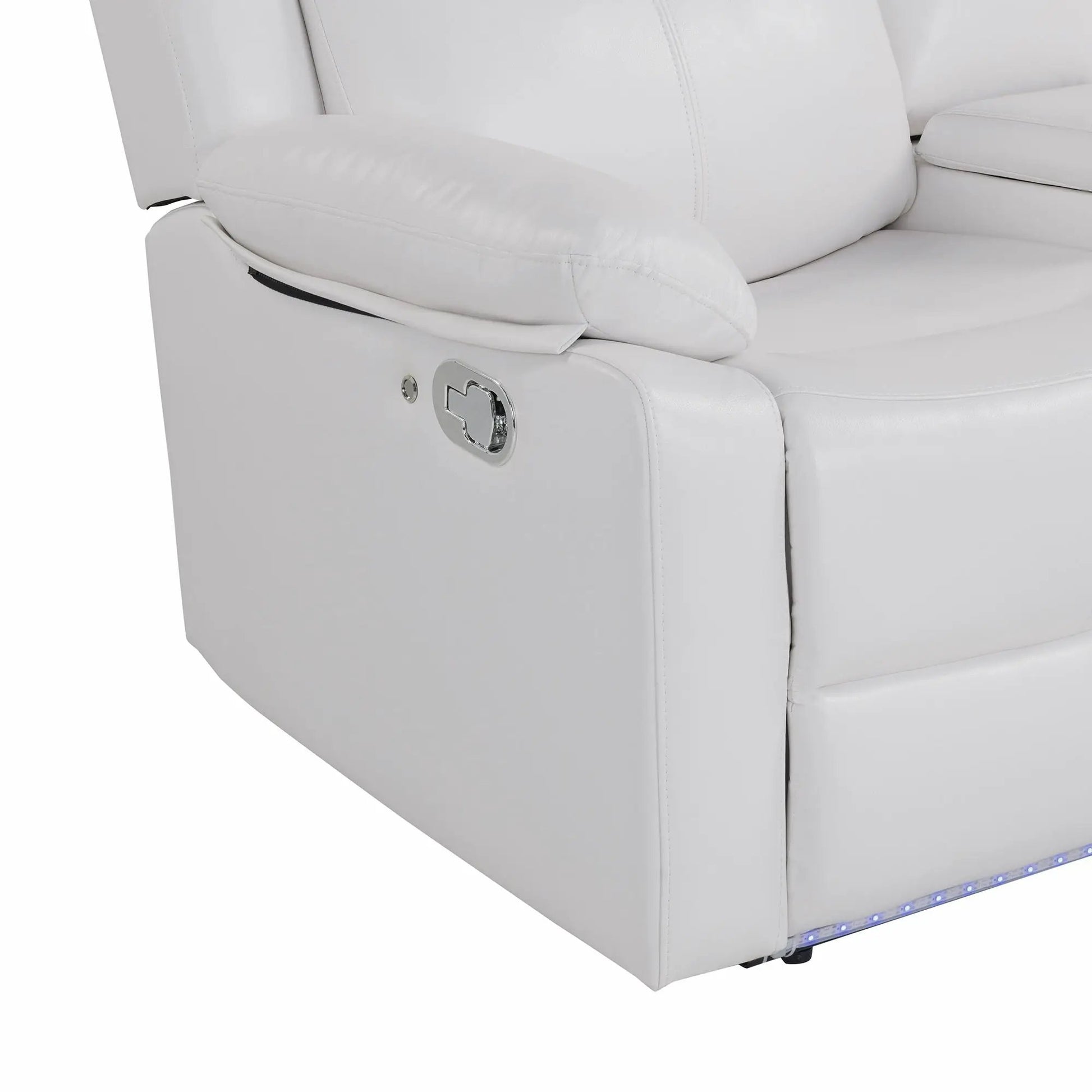 Blanche glider recliner with LED lighting, white leather upholstery and pillow top arms on Tampa Home & Garden Store
