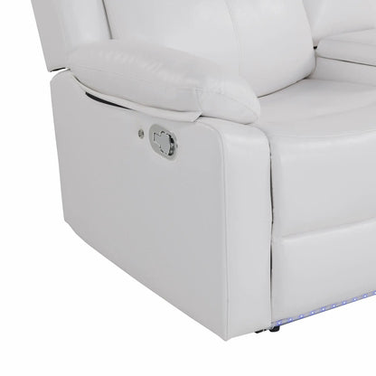Blanche glider recliner with LED lighting, white leather upholstery and pillow top arms on Tampa Home & Garden Store