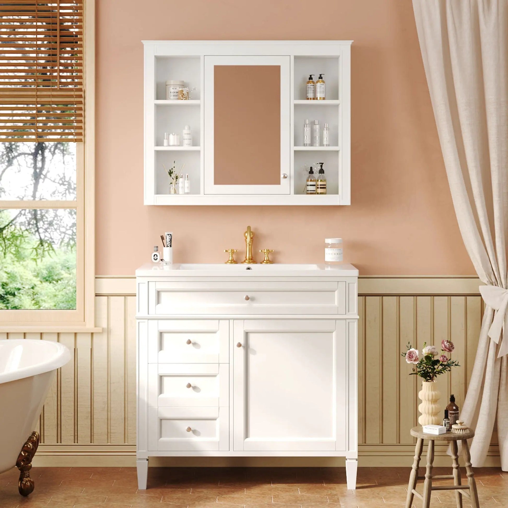 White bathroom vanity with mirror cabinet, single sink, 2 soft closing doors and 4 drawers on Tampa Home & Garden Store