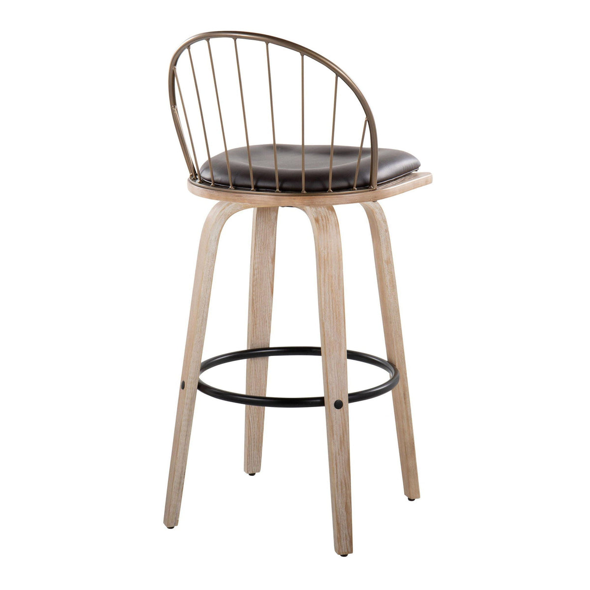 Industrial barstool with bronze back, black cushion, and light wood legs with footrest on Tampa Home & Garden Store